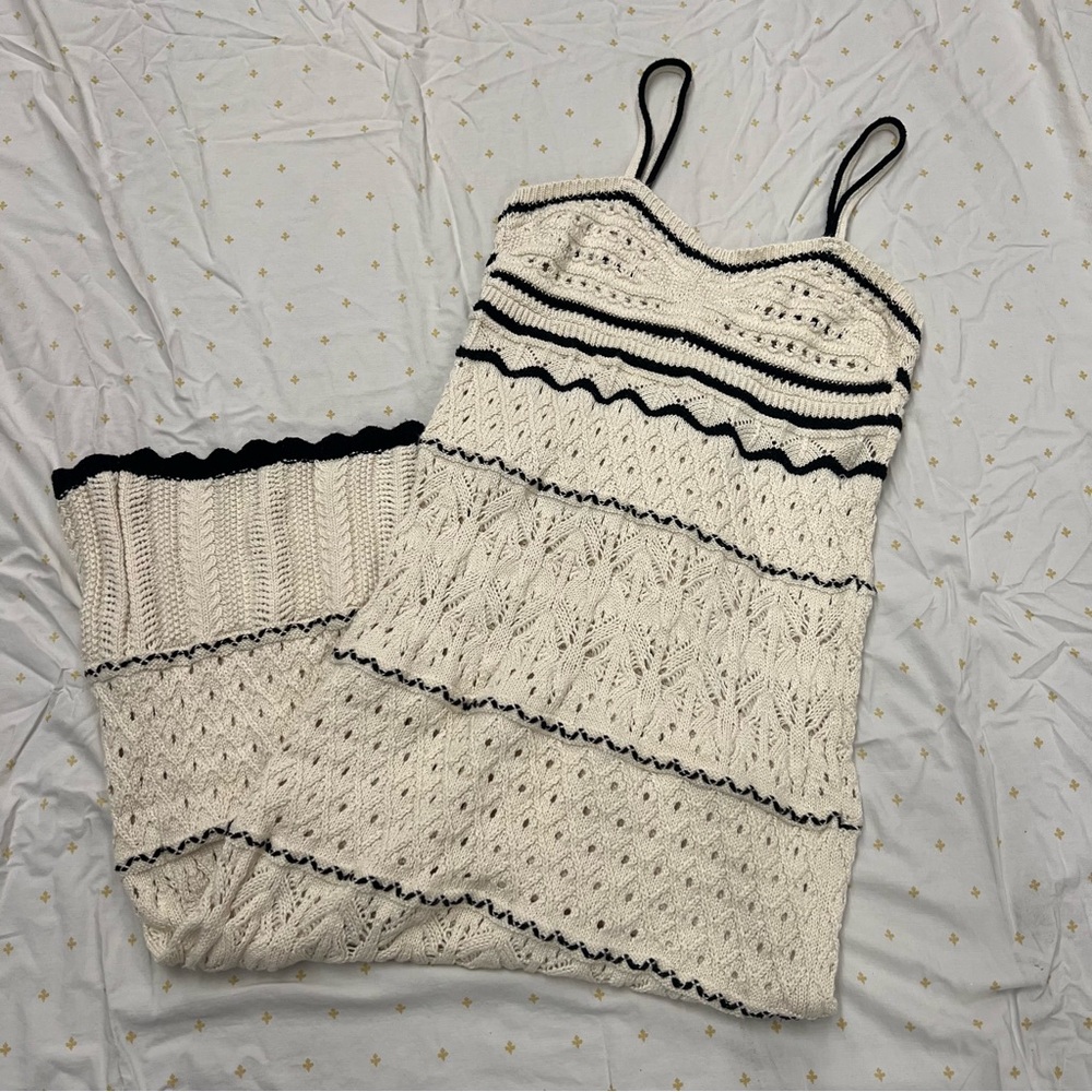RIHOAS Black and Cream Midi Dress Beige Scalloped Pointelle Knit Midi Dress